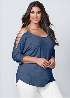 SLEEVE DETAILED TOP in Heathered Navy | VENUS