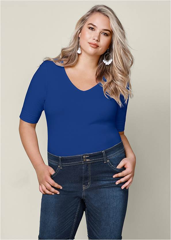 Long And Lean V-Neck Tee, Any 2 For $39,Mid Rise Slimming Stretch Jeggings,Color Capri Jeans,High Heel Strappy Sandals,Hoop Detail Earrings,Zippered Tassel Bucket Bag