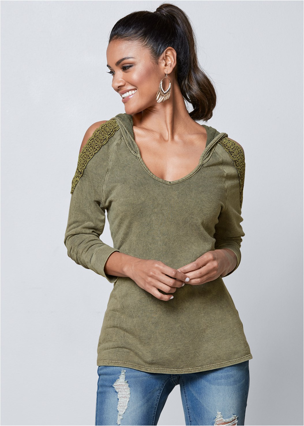 Cold Shoulder Lounge Hoodie In Olive Venus