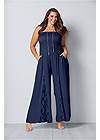 Front View Sleeveless Smocked Jumpsuit With Lace Detail