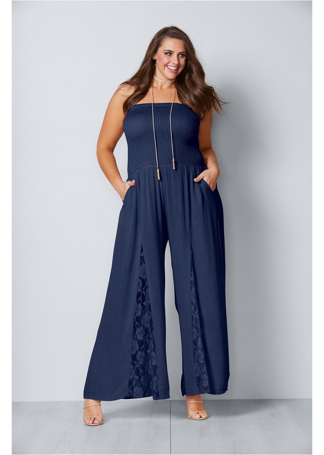 Plus Size Sleeveless Smocked Jumpsuit With Lace Detail In Navy Venus 2830