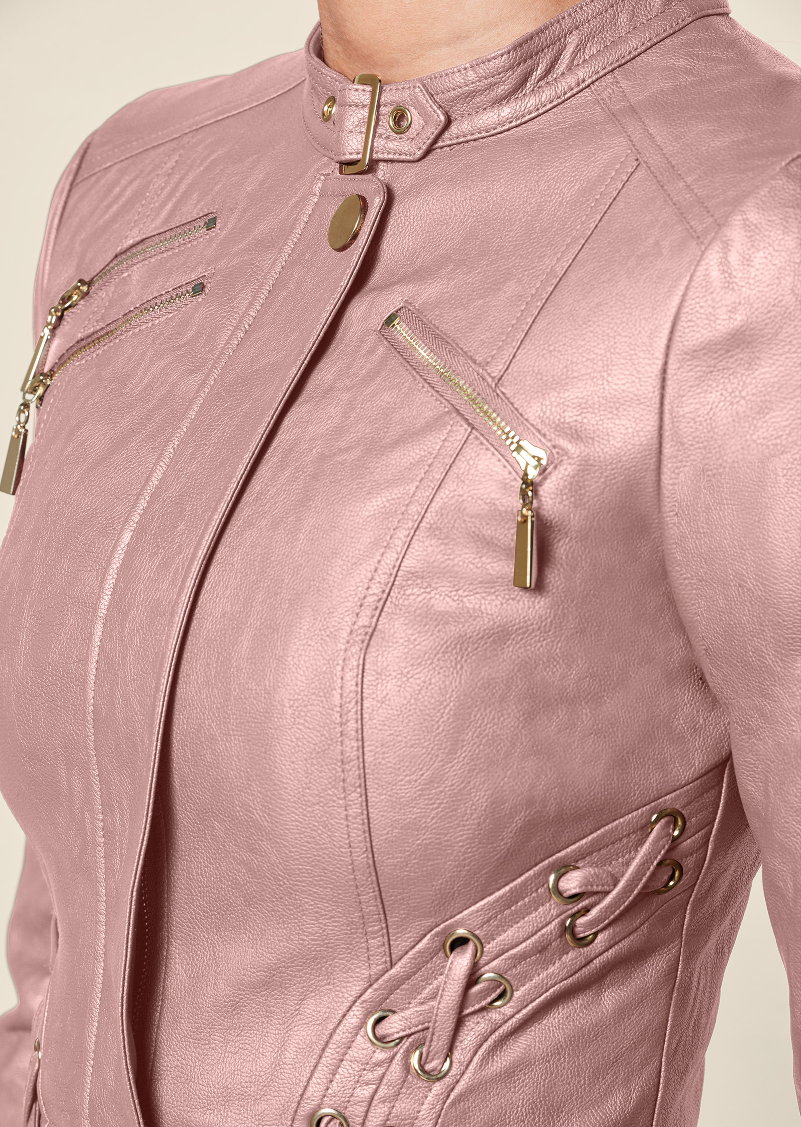 Faux-Leather Lace-Up Jacket in Rose Gold | VENUS