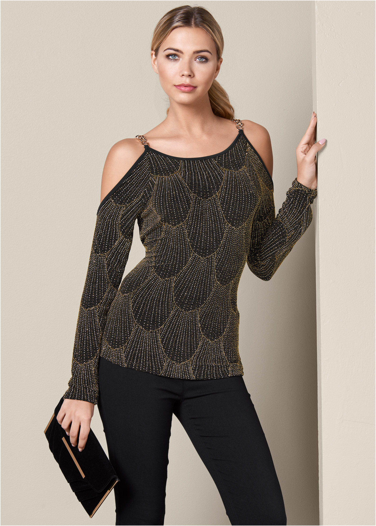 glitter cold shoulder top