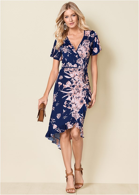 Floral Print Wrap Dress in Navy Multi | VENUS