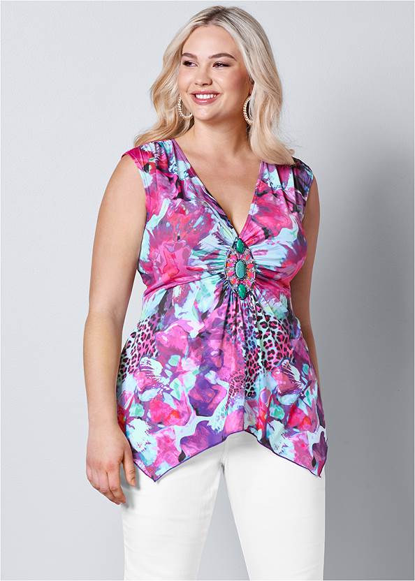 Front View Trim Detail Mixed Print Top