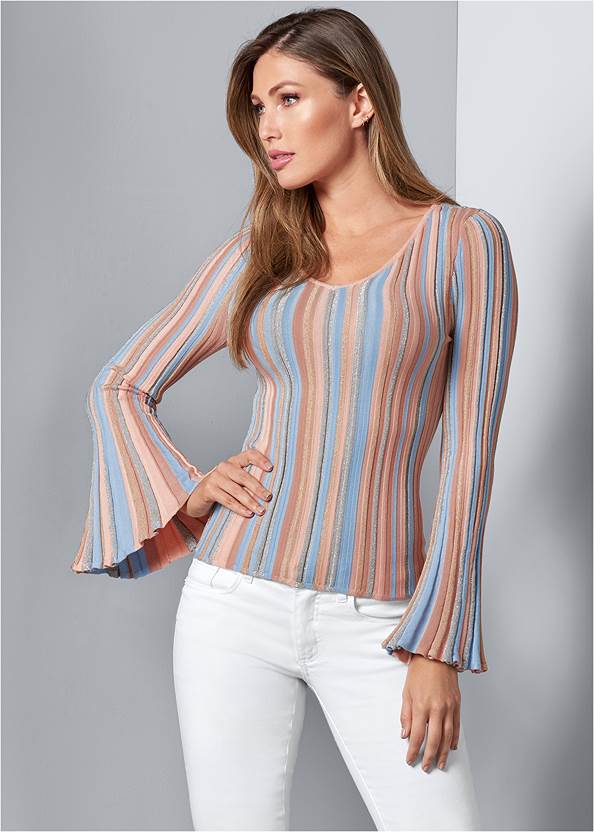 Front view Striped Bell Sleeve Sweater