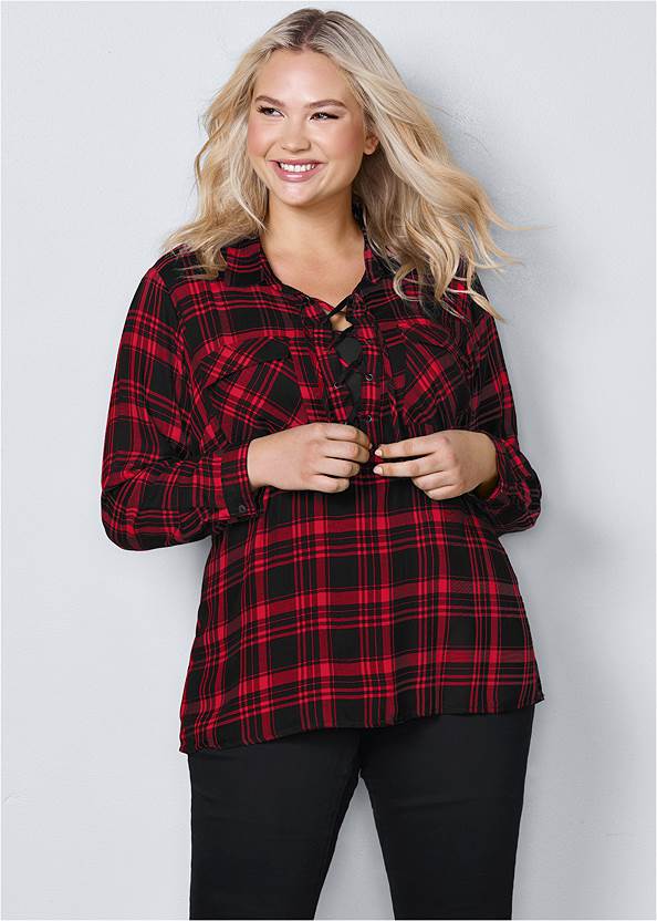 Front View Plaid Lace-Up Top