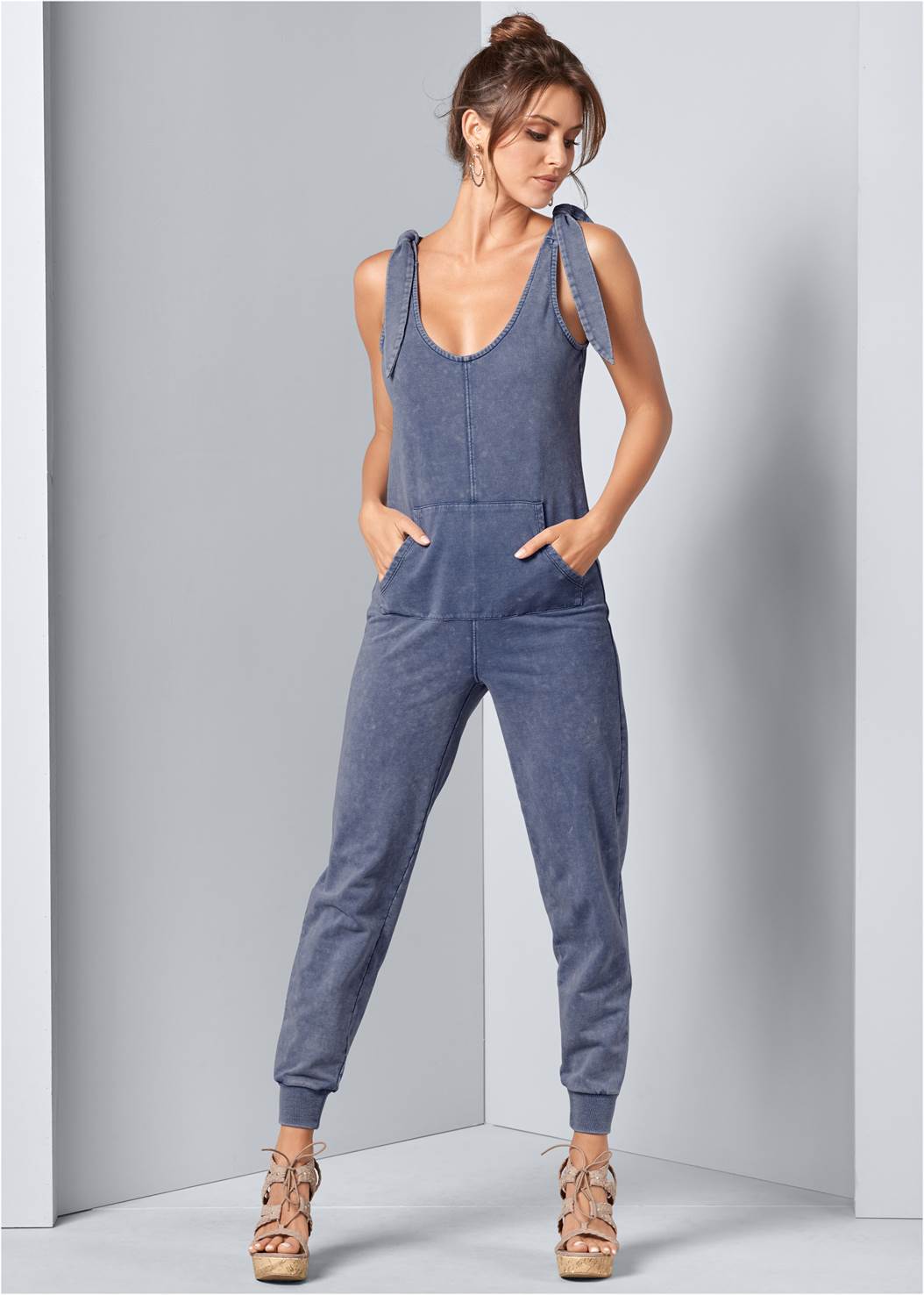 Tie Shoulder Jumpsuit in Navy | VENUS