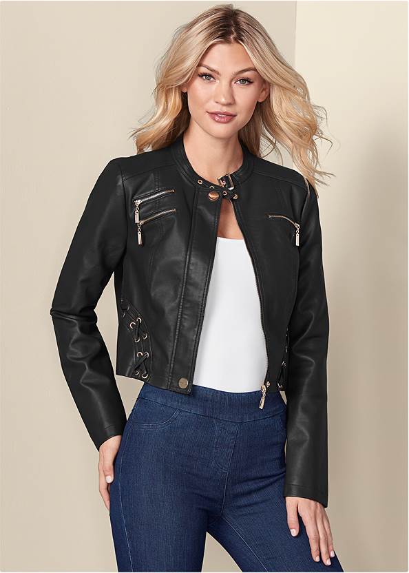 Front View Faux-Leather Lace-Up Jacket