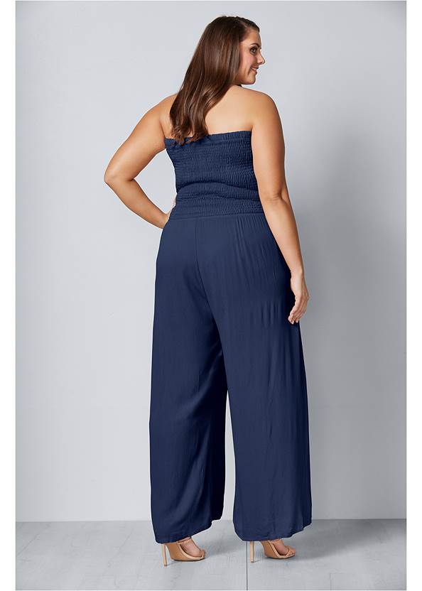Back View Sleeveless Smocked Jumpsuit With Lace Detail