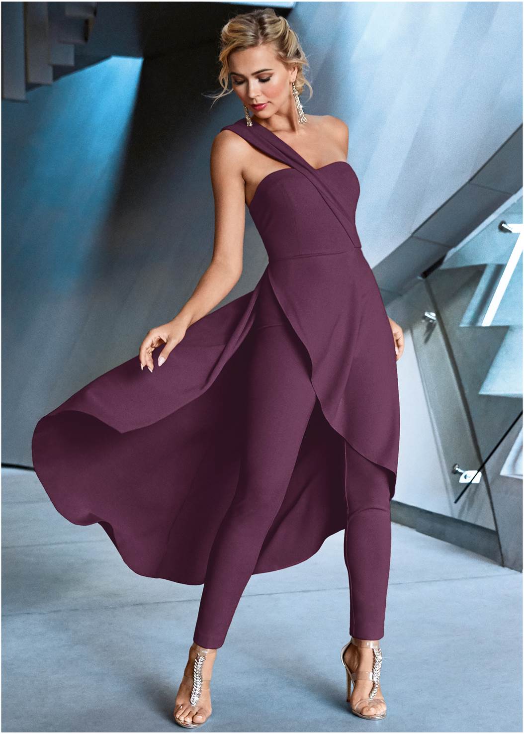 One Shoulder Jumpsuit In Dark Purple Venus 