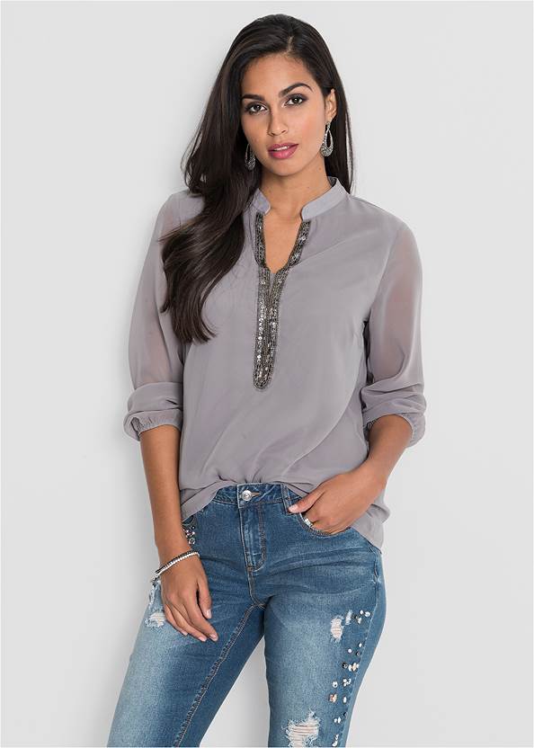 Embellished Blouse,Triangle Hem Jeans,Lace Inset Skinny Jeans,Chain Buckle Booties,Statement Earring Set