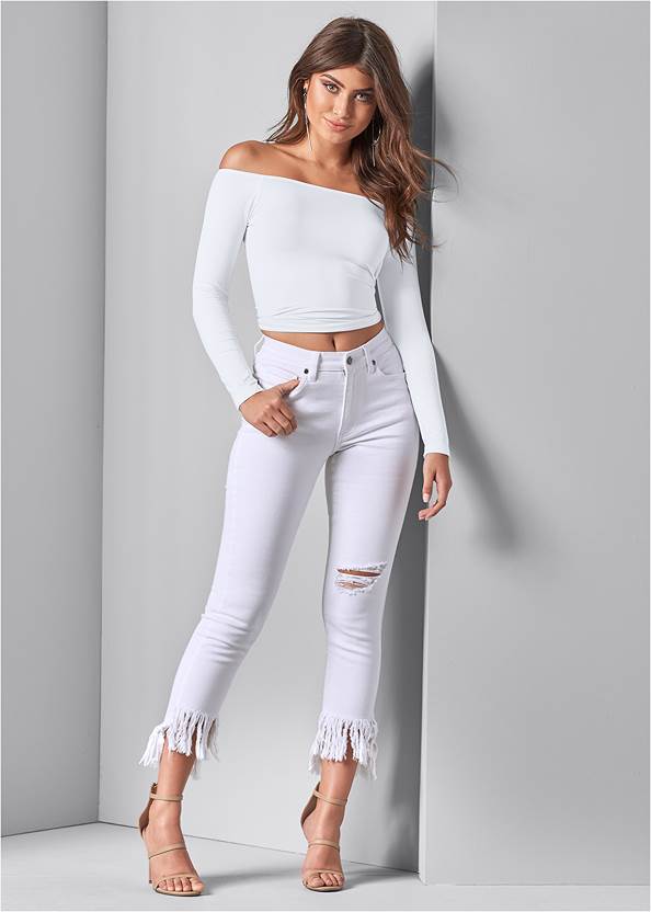 Frayed Ripped Jeans,Off-The-Shoulder Top