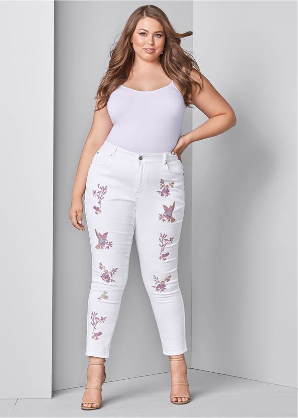 Embroidered Skinny Jeans,Basic Cami Two Pack,High Heel Strappy Sandals
