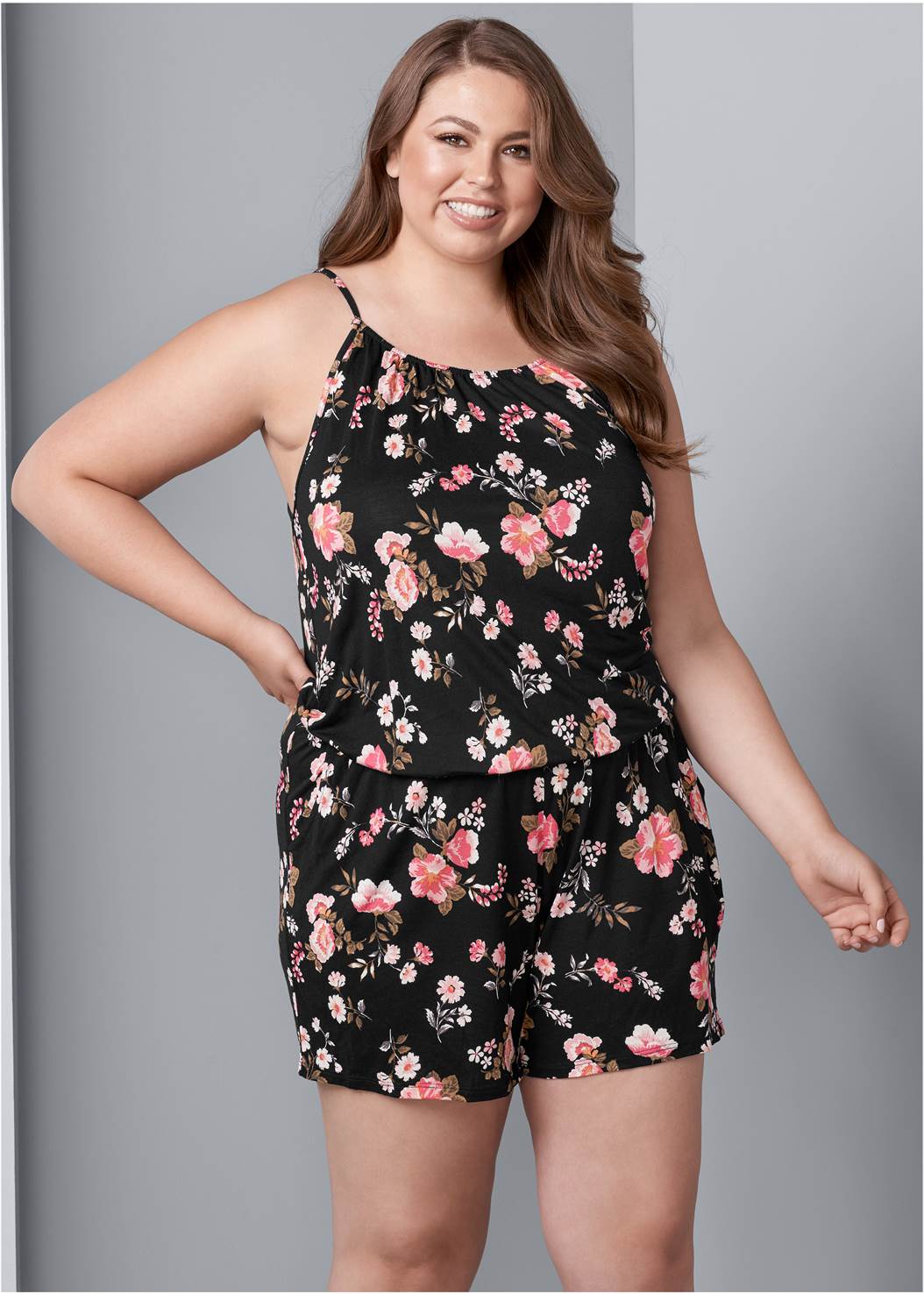 Plus Size Casual Floral Print Romper in Black Multi | VENUS