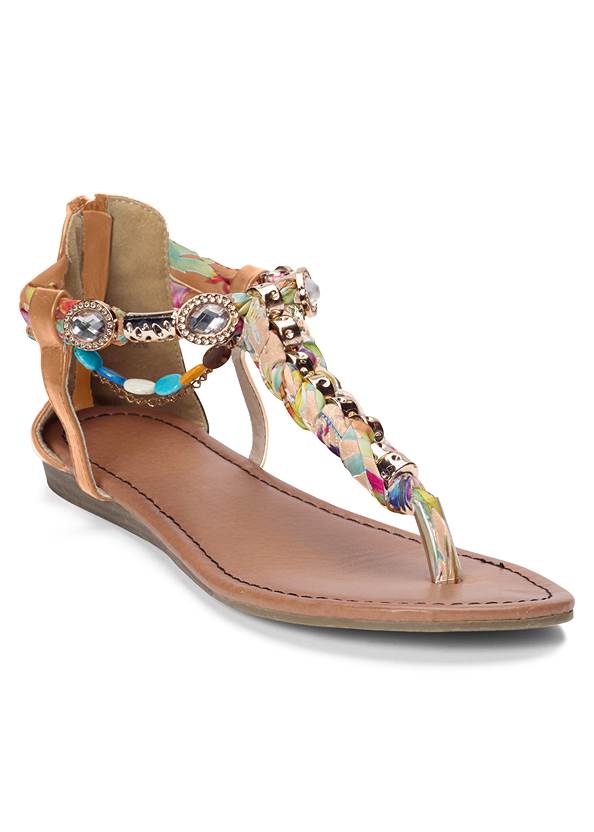 Embellished Rope Sandals,Strappy Detail Top,Cutoff Jean Shorts,Raffia Hoop Earrings