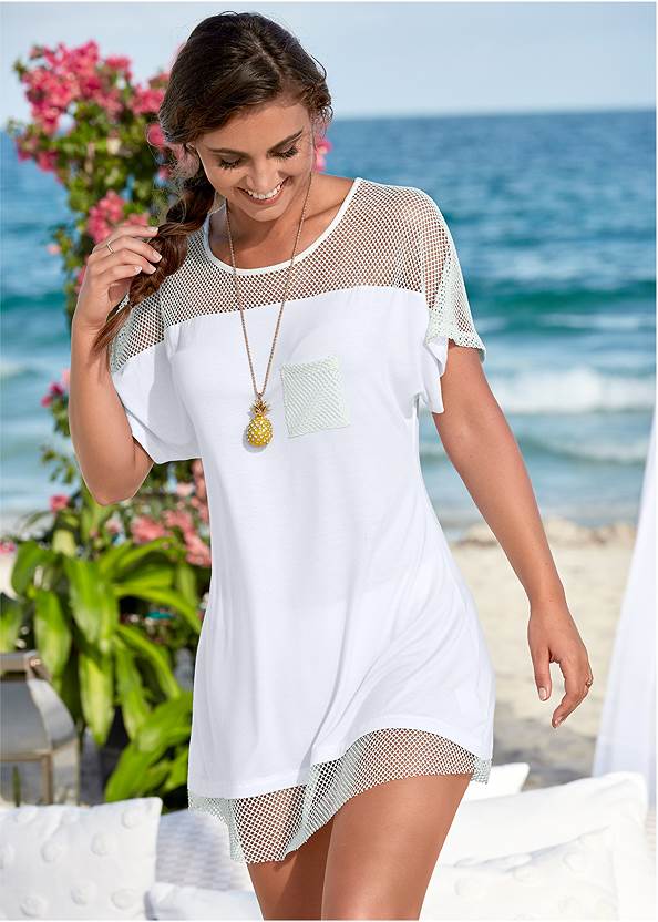 Mesh Trimmed Cover-Up Dress,Triangle String Bikini Top,Tie-Side Bottom,The August One-Piece,T-Shirt Cover-Up Dress