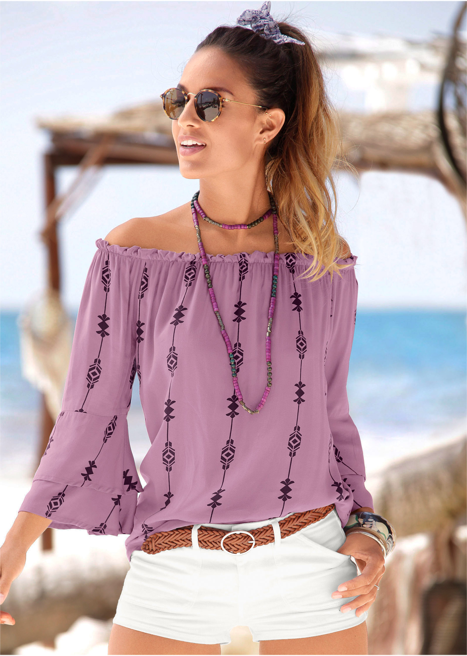 Off-The-Shoulder Print Top in Purple Multi | VENUS