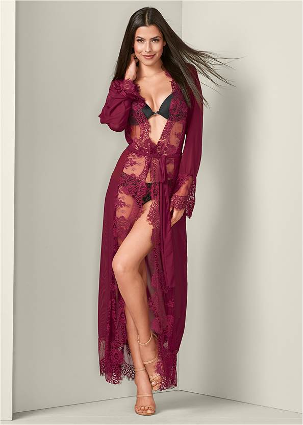 Mesh Robe With Lace Trim