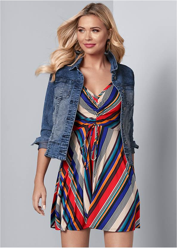 Mixed Stripe Dress,Jean Jacket,Embellished Sandals