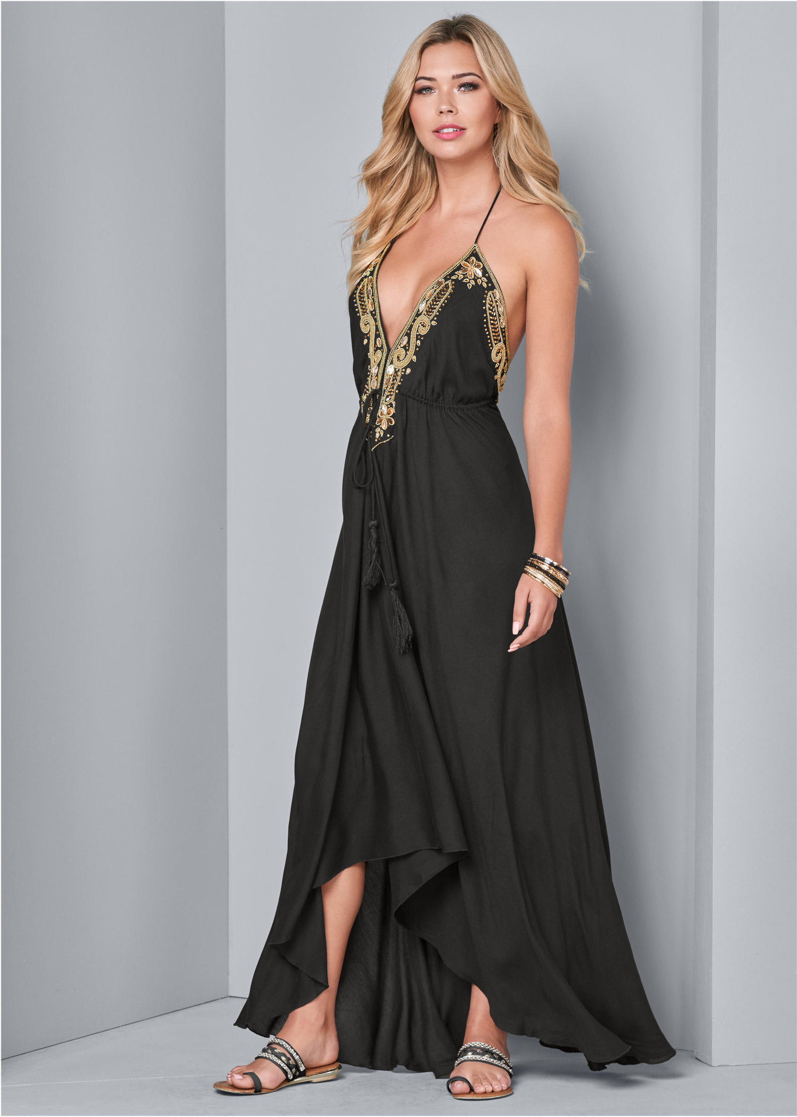 Embellished Trim Maxi Dress in Black 