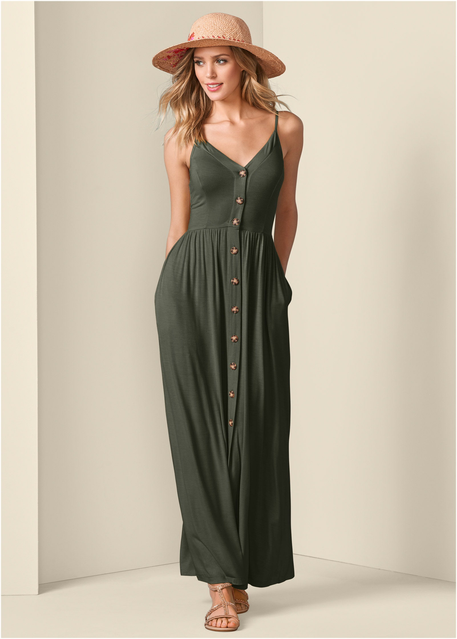 Button-Front Maxi Dress in Olive | VENUS
