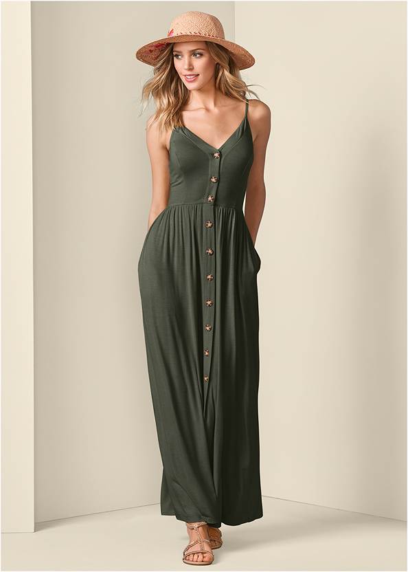 Button-Front Maxi Dress,Studded Gladiator Sandals,Multi Color Stone Sandals,Wood Earrings