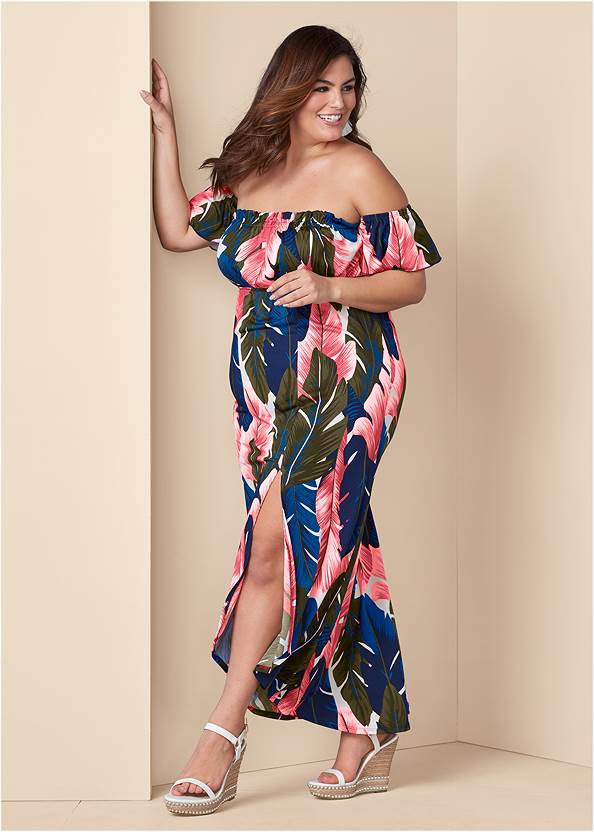 Off-The-Shoulder Maxi Dress,Lori Block Heel Sandals,Braided Double Strap Mules