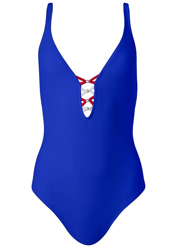 Strappy Racerback One-Piece Swimsuit in Cobalt & White & Red | VENUS