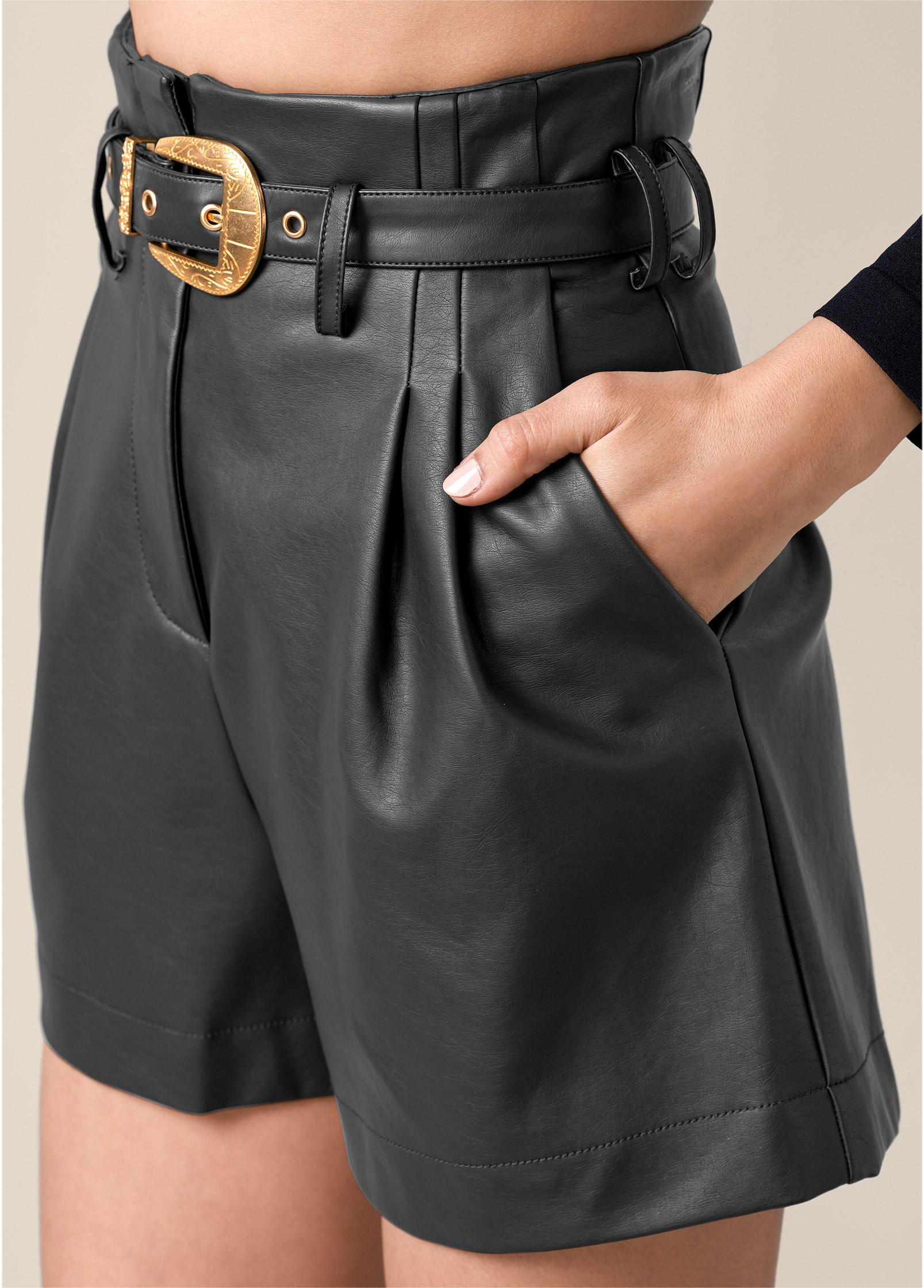 Belted Faux-Leather Shorts in Black | VENUS