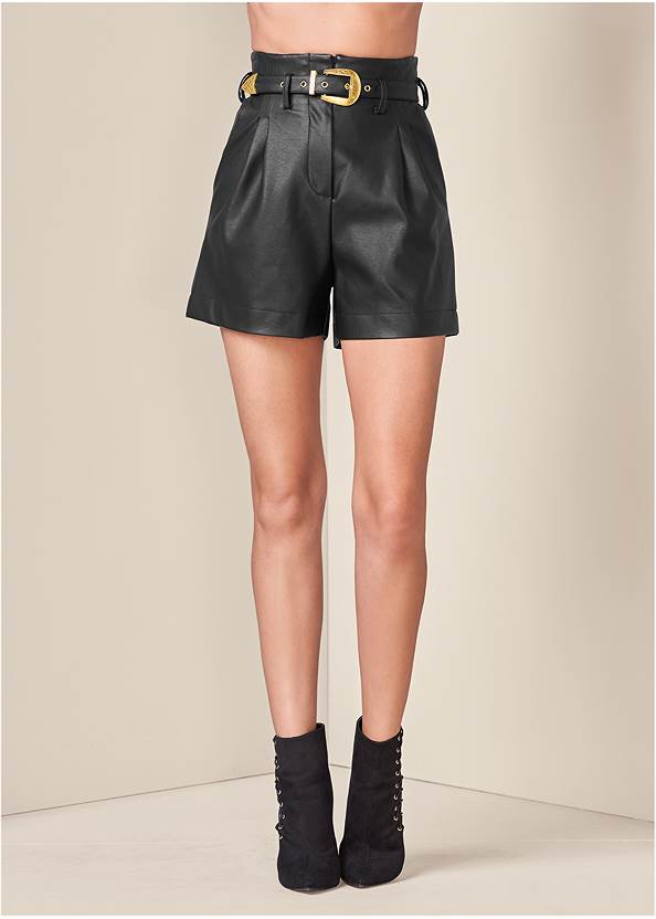 Front View Belted Faux-Leather Shorts