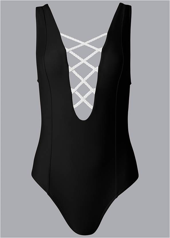 Braided Lace Up One-Piece Swimsuit in Black & White | VENUS