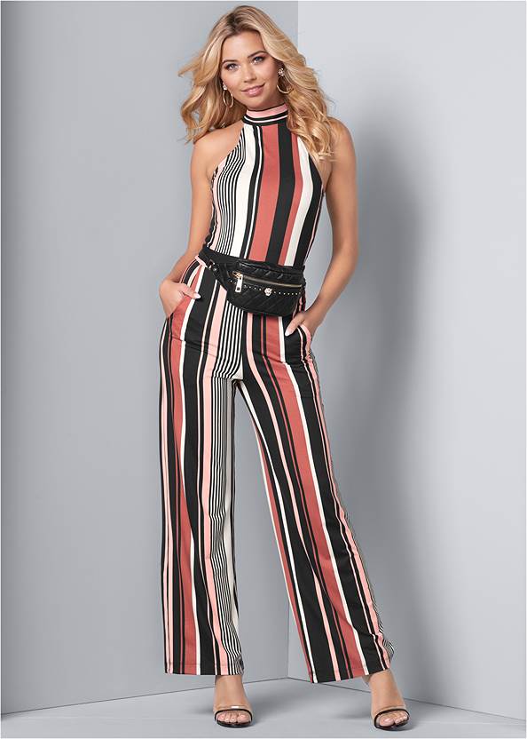 Plus Size Stripe High Neck Jumpsuit In Coral Multi Venus