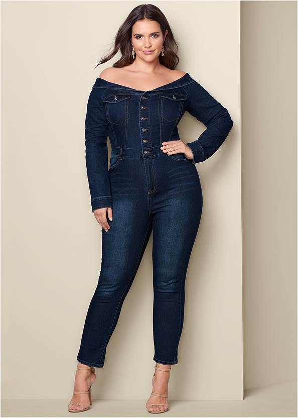 Off-The-Shoulder Denim Jumpsuit,Pearl By Venus® Strapless Bra, Any 2 For $30