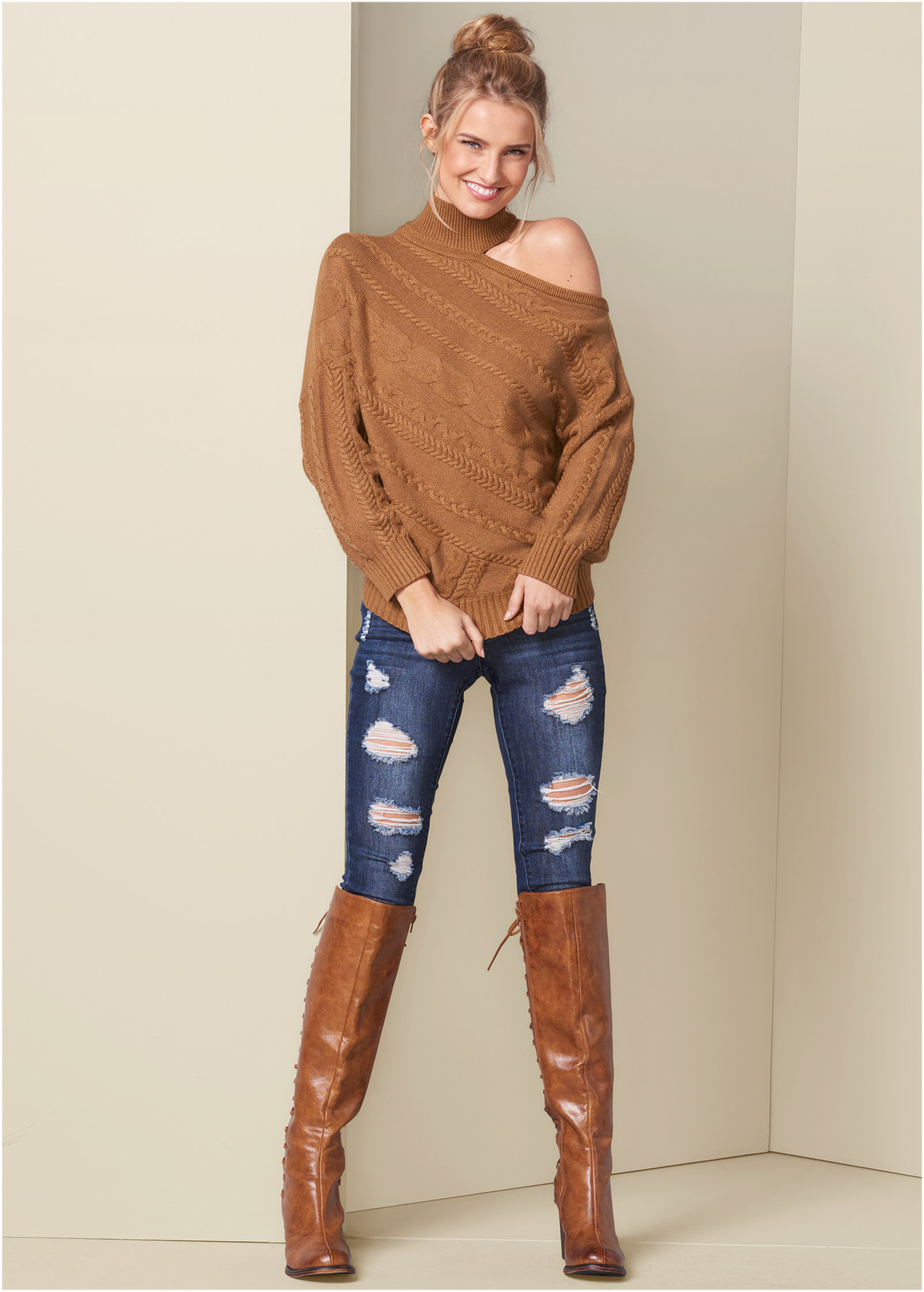 ONE SHOULDER TURTLENECK SWEATER in Brown VENUS