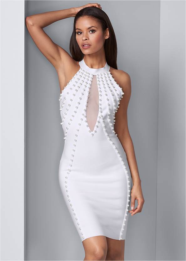 Front View Pearl Detail Bandage Dress