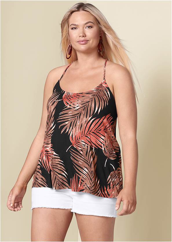 Back Detail Printed Tank,Pearl By Venus® Strapless Bra, Any 2 For $75,Back Detail Top,Strappy Tank,Frayed Cutoff Jean Shorts,Espadrille Platform Wedges,Embellished Thong Sandals