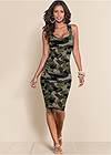 Front view Sleeveless Ruched Bodycon Midi Dress