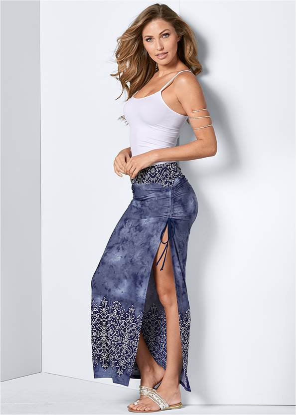 Ruching Detail Maxi Skirt,Basic Cami Two Pack,Easy Halter Top, Any 2 Tops For $39,Embellished Rope Sandals,Thong Strap Kitten Heels,Etched Metal Upper Arm Band,Sequin And Straw Tote