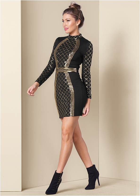 Sequin Bodycon Dress,Lined Shaping Tank,Peep Toe Booties,Slouchy Pointed Toe Booties,Embellished Drop Earrings,Quilted Chain Handbag