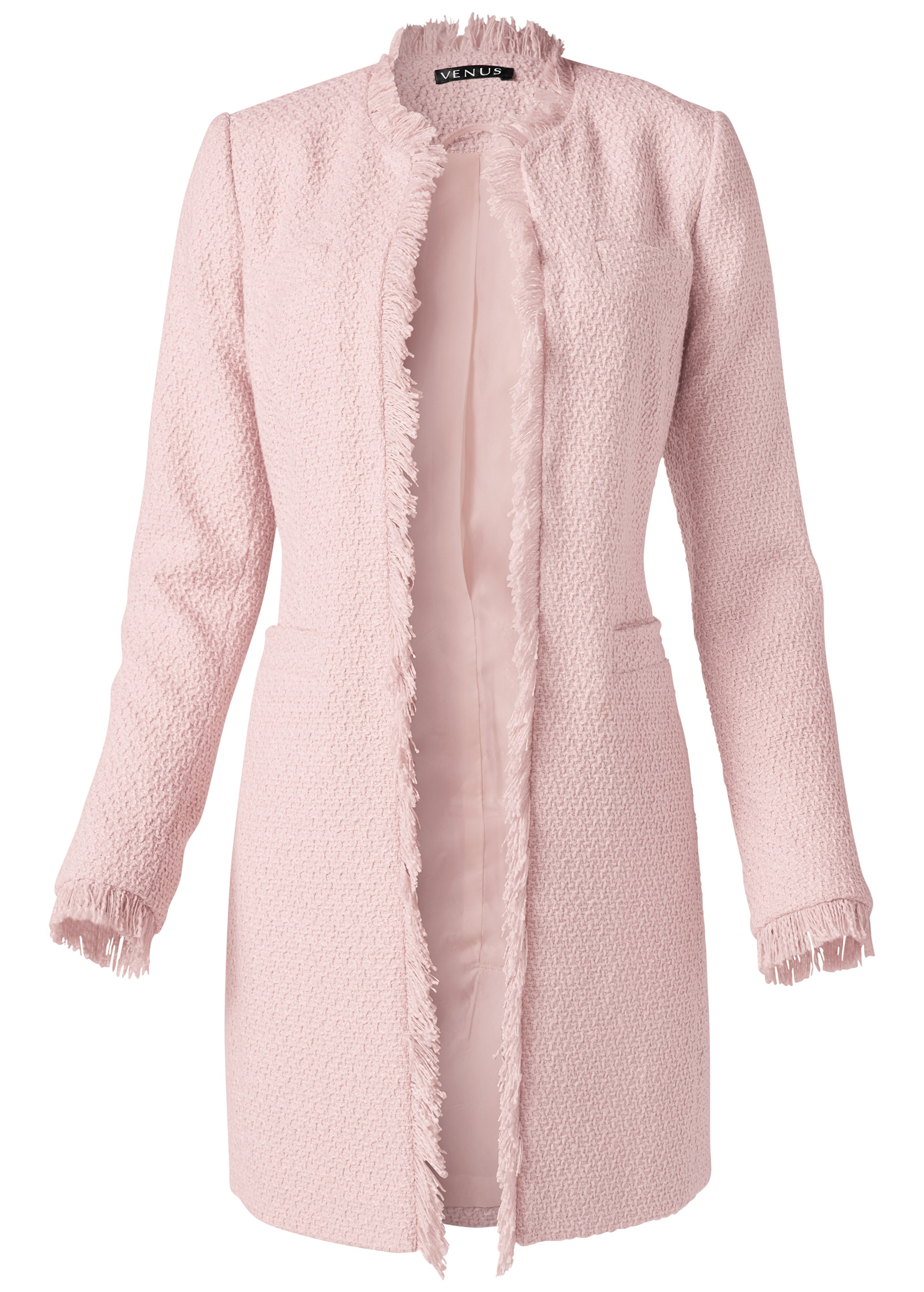 OPEN FRONT TWEED FRINGE JACKET in Light Pink | VENUS