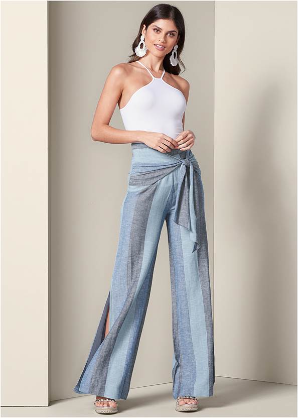 Tie Front Linen Pants,Seamless High Neck Top,Embellished Wedges,High Heel Strappy Sandals,Natural Tassel Clutch