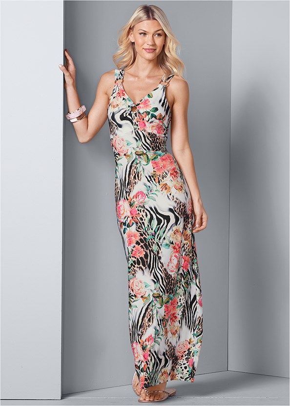 Printed Maxi Dress in White Multi | VENUS