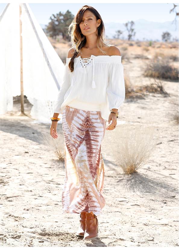 Batik Printed Maxi Skirt,Off-The-Shoulder Top,Lace Thong 3 For $19,Slouchy Pointed Toe Booties,Rope-Sole Wedge Slides,Studded Round Crossbody