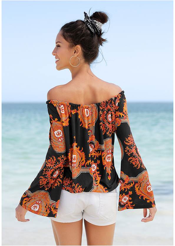 Back View Flare Sleeve Printed Top