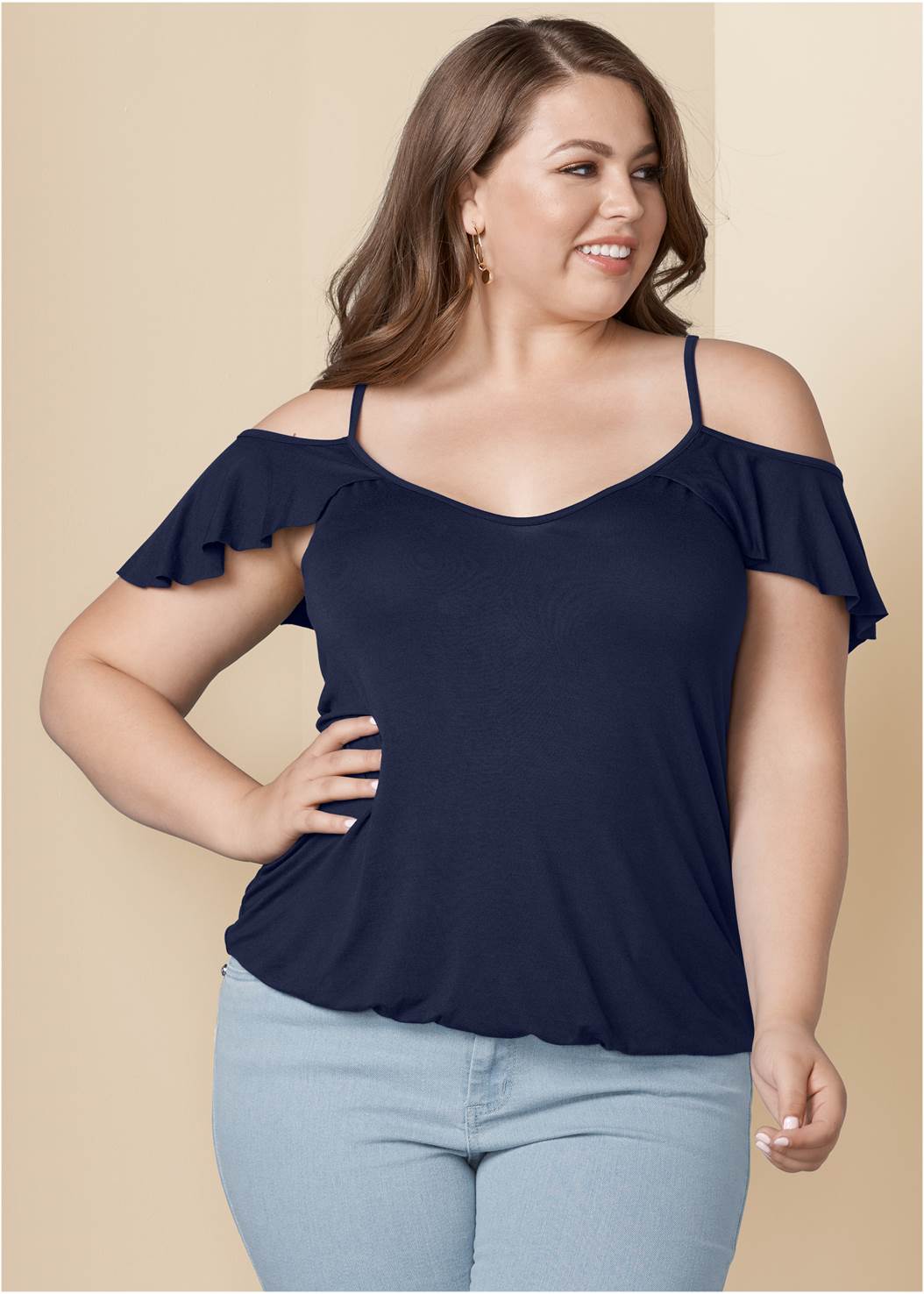 RUFFLE COLDSHOULDER TOP in Navy VENUS