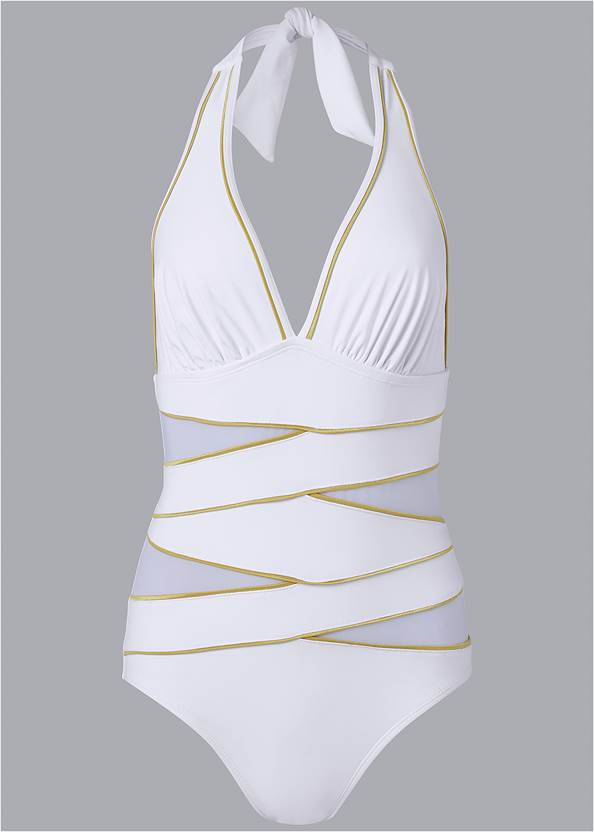 Peek-A-Boo Halter One-Piece Swimsuit in White & Glitz | VENUS