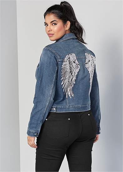Plus Size Sequin Wing Jean Jacket