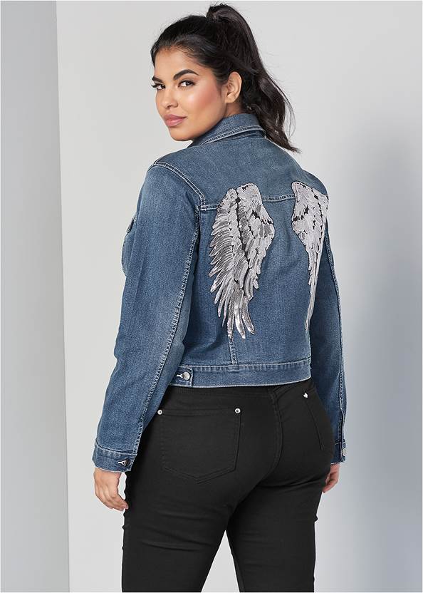 Sequin Wing Jean Jacket,Basic Cami Two Pack,Slim Jeans,Wrap Stitch Detail Booties,Faux Leather Saddle Bag