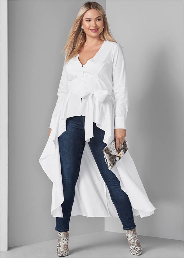High-Low Tie-Front Blouse,Heidi Skinny Jeans